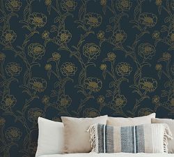 Peonies Peacock Blue/Gold Removable Wallpaper
