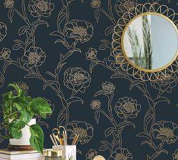 Peonies Peacock Blue/Gold Removable Wallpaper