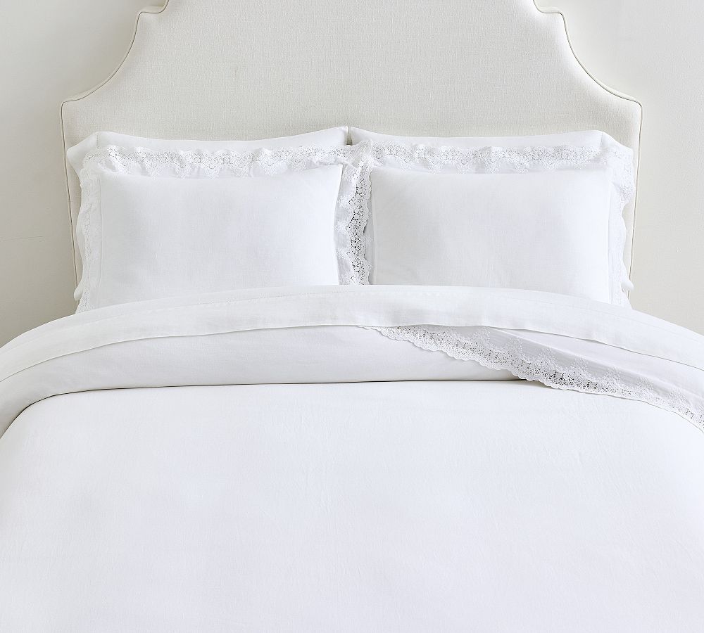 LoveShackFancy Belgian Flax Linen Duvet Cover with Lace Trim - White, King/Cal. King