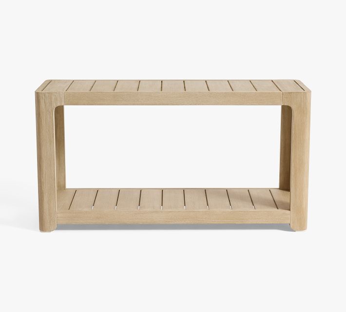  wooden coffee table with slatted top and bottom shelf, full view