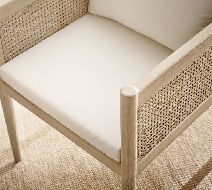 Close-up of the chair seat showing white cushion and woven side panel