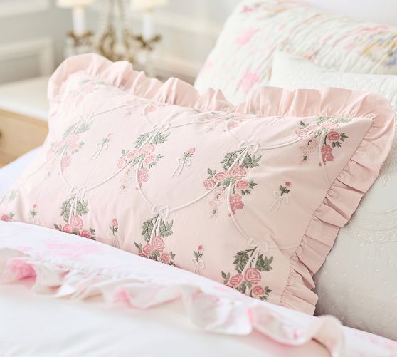 LoveShackFancy Embroidered Floral Bow Pillow