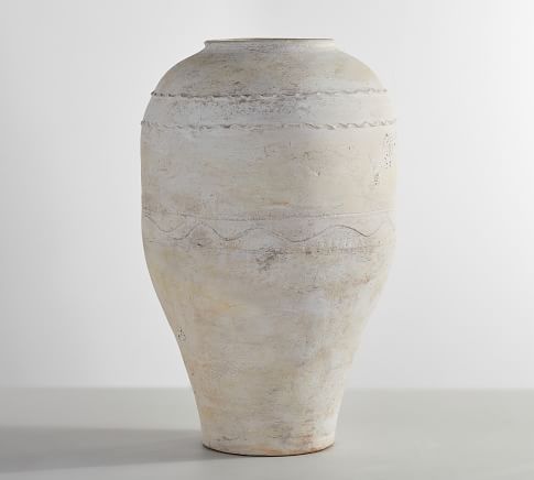 Artisan Handcrafted Terracotta Vase, Etched Urn, White