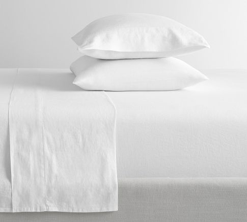Belgian Flax Linen Hemstitch Sheet Set, White, Single/Single XL