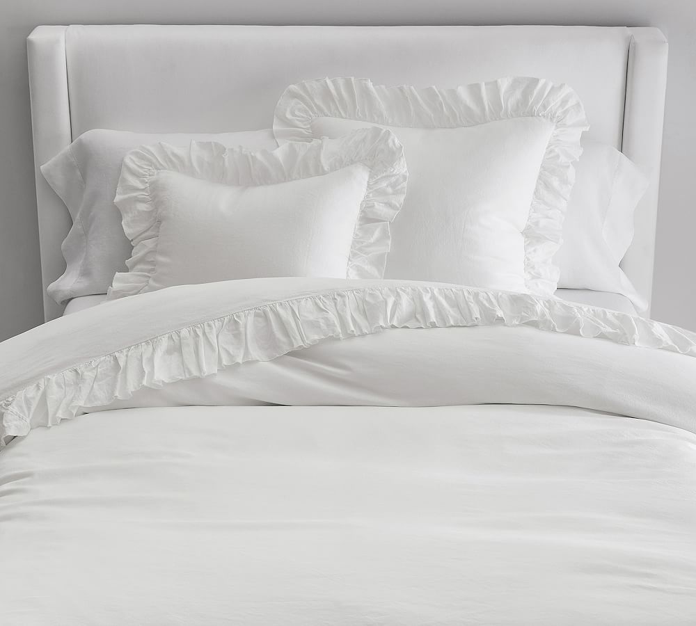 Belgian Flax Linen Fringe Ruffle Duvet Cover - Full/Queen, White