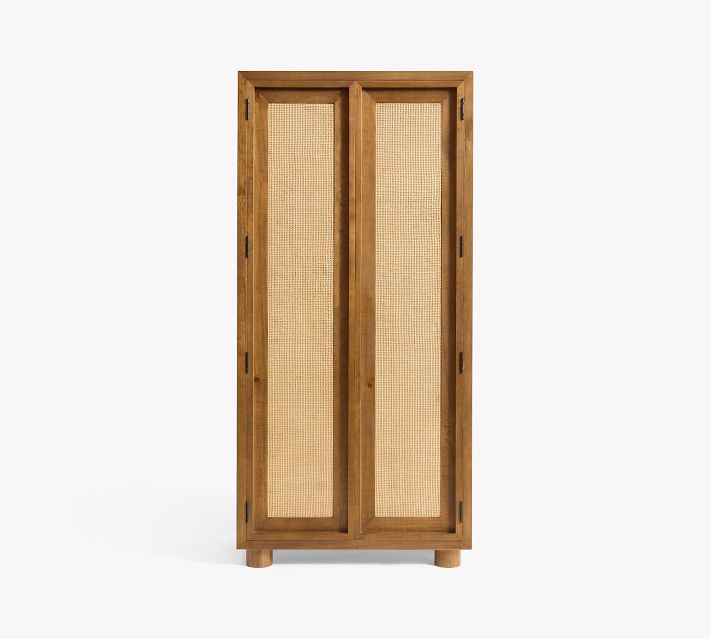 Stylized product image of two-door cabinet with woven panels.