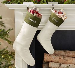 Classic Velvet Stockings - Ivory with Green Cuff