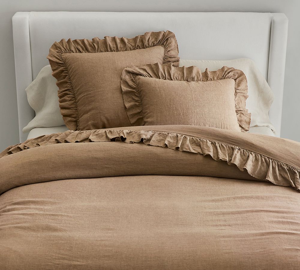 Bronze Belgian Flax Linen Fringe Ruffle Duvet Cover - King/Cali King