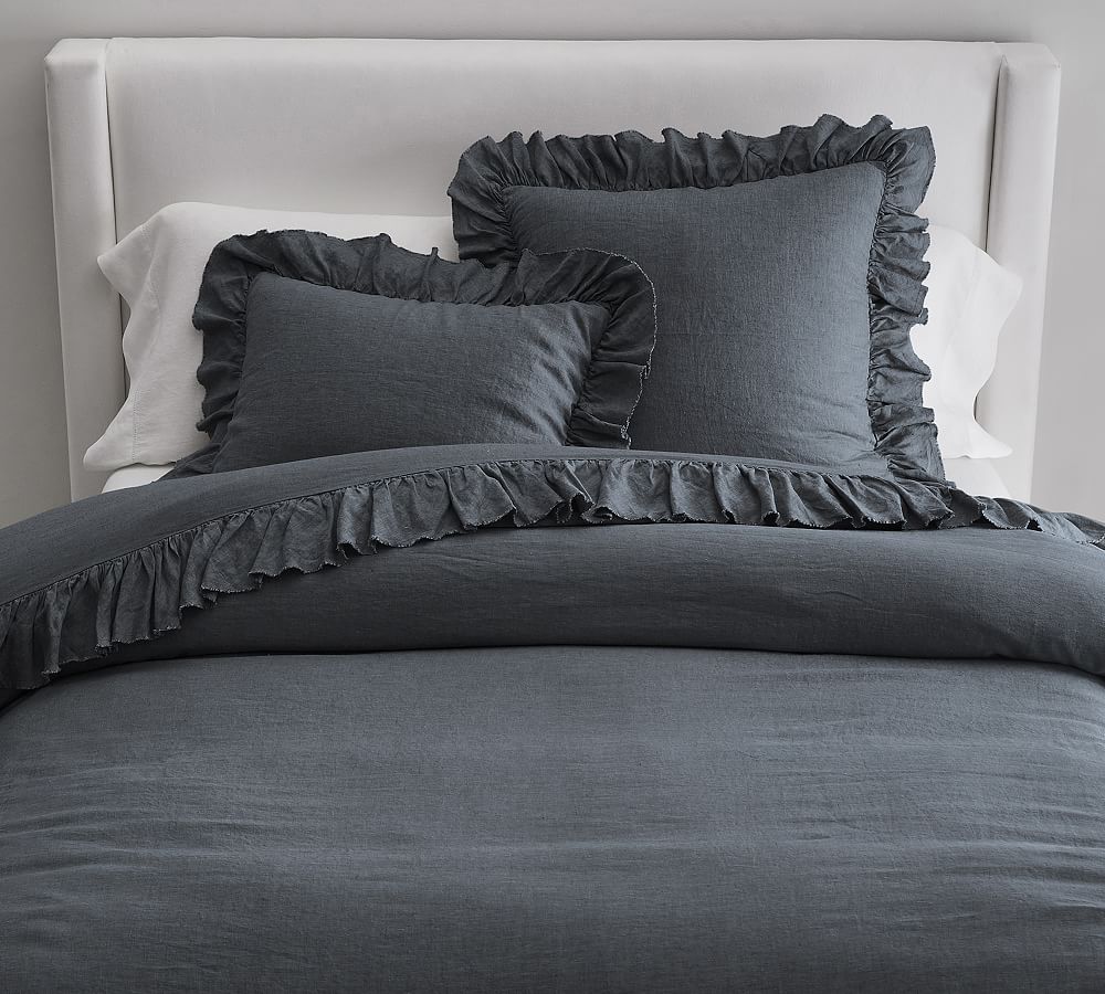 Belgian Flax Linen Fringe Ruffle Duvet Cover- Steel blue, Queen