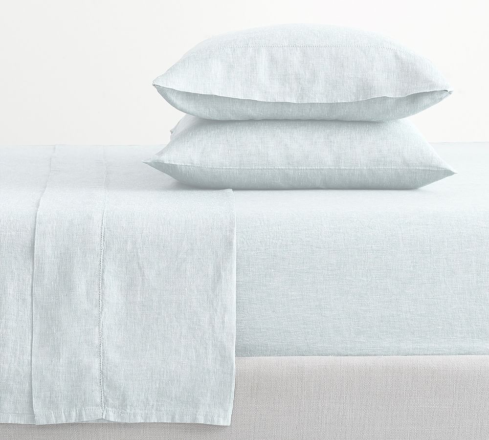 Belgian Flax Linen Hemstitch Sheet Set - Blue Frost, Queen
