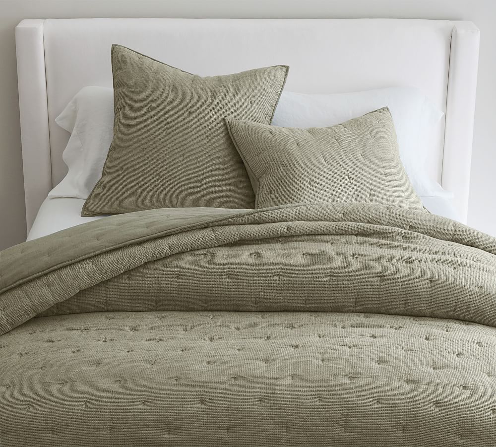 European Flax Linen Waffle Quilt - Eucalyptus, King/Cal. King