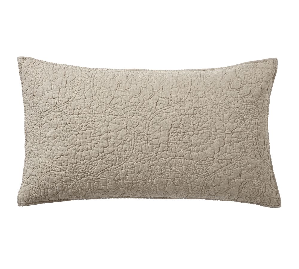 Belgian Flax Linen Floral Stitch Quilted Sham - Dark Flax, King, Set of 3