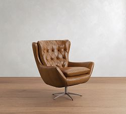 Open Box: Wells Tufted Leather Swivel Armchair (34") - Vintage Caramel, Bronze Base