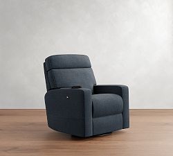 Open Box: PB Comfort Square Arm Upholstered Deluxe Power Swivel Glider Recliner Heat Massage, Box Edge Polyester Wrapped Cushions - Performance Heathered Tweed Indigo