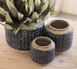 Dark Blue Round Ceramic Cachepots, Set of 3