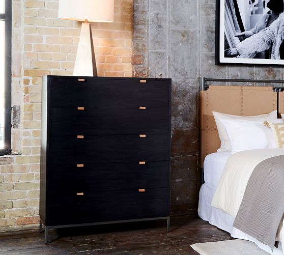 slim fit dress slacks EstablishedLines: Ebonized Black Lacquer Mahogany Tall 5 Drawers Dresser  Gold Bracket Pulls MNT