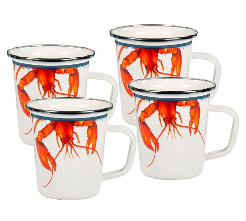 Golden Rabbit Lobster Enamel Mugs, Set of 4