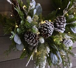 Lit Faux Frosted Greens &amp; Pinecones Wreath &amp; Garland