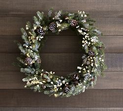 Lit Faux Frozen Pine & White Berry Wreath &amp; Garland