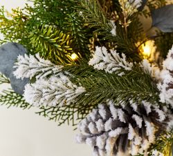 Lit Faux Frosted Greens &amp; Pinecones Wreath &amp; Garland
