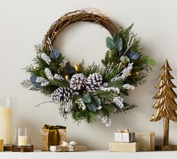Lit Faux Frosted Greens &amp; Pinecones Wreath &amp; Garland