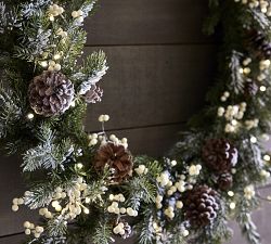 Lit Faux Frozen Pine & White Berry Wreath &amp; Garland
