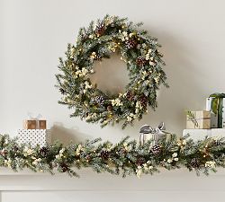 Lit Faux Frozen Pine & White Berry Wreath &amp; Garland