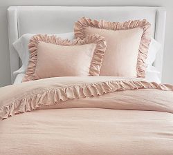 Open Box: Belgian Flax Linen Fringe Ruffle Duvet, Full/Queen - Soft Rose