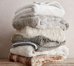 Gathered Faux Fur Throw - Ivory