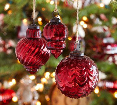 Eclectic Mercury Glass Christmas Ornaments - Red - Set of 3