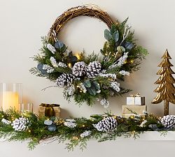 Lit Faux Frosted Greens &amp; Pinecones Wreath &amp; Garland