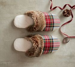 Stewart Plaid Flannel Faux Fur Slippers
