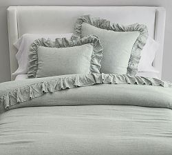 Open Box: Belgian Flax Linen Fringe Ruffle Duvet, Full/Queen - Mineral Blue