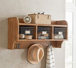 Wade Wooden Wall Shelf with Hooks - Weathered Pine