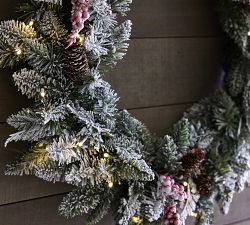 Lit Faux Frosted Pine and Berries Wreath &amp; Garland