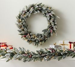 Lit Faux Frosted Pine and Berries Wreath &amp; Garland