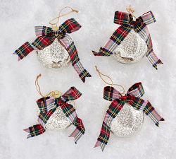 Mercury Glass Ball Ornaments with Plaid Bows - Set of 4