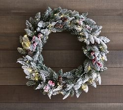 Lit Faux Frosted Pine and Berries Wreath &amp; Garland