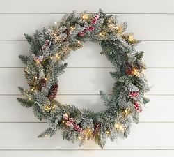 Lit Faux Frosted Pine and Berries Wreath &amp; Garland