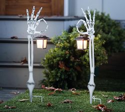 Skeleton Hand Garden Stake with Lit Lanterns