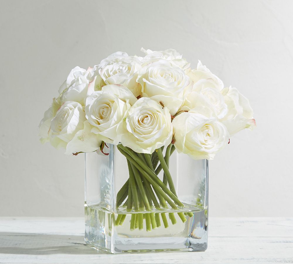 Faux Composed Roses in Square Vase by Pottery Barn