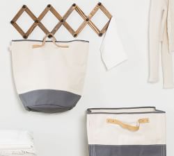 Canvas Gray Laundry Hamper Storage Basket W/ Leather Handles