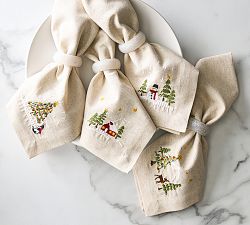 Christmas in the Country Embroidered Cotton/Linen Napkins - Set of 4