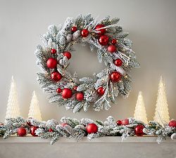 Lit Faux Frosted Pine &amp; Ornaments Wreath &amp; Garland