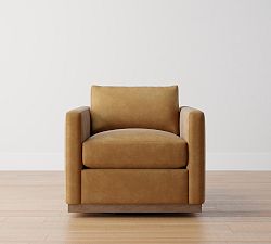 Open Box: Carmel Square Slim Arm Leather Swivel Armchair with Wood Base