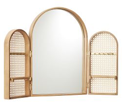 Tri-Fold Mirror with Caned Jewelry Holder