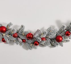 Lit Faux Frosted Pine &amp; Ornaments Wreath &amp; Garland