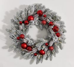Lit Faux Frosted Pine &amp; Ornaments Wreath &amp; Garland