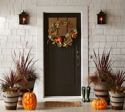 Pre-Lit Faux Natural Pumpkin Wreath &amp; Garland