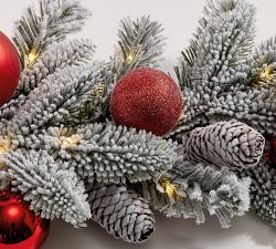Lit Faux Frosted Pine &amp; Ornaments Wreath &amp; Garland